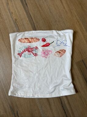 Peppermayo White Bandeau Crop Top with Pink Red Food Motif